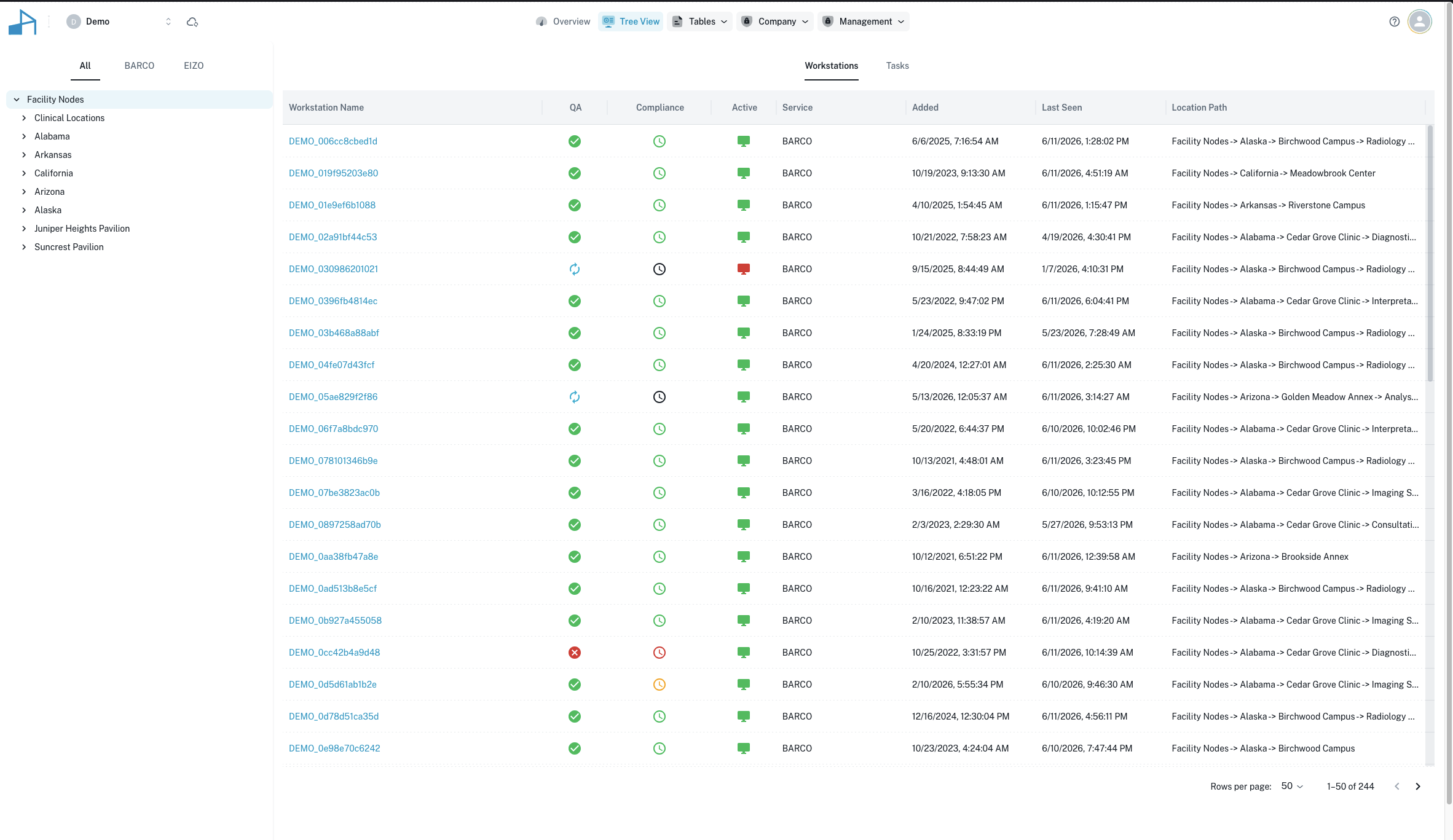 QAssist hierarchy tree view showing facility nodes organized by state and campus, rolling up to workstation-level compliance.